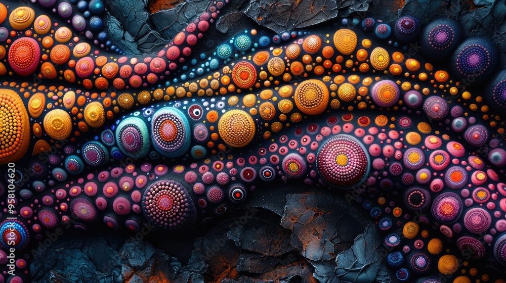 A colorful painting of a river with many different colored balls A colorful painting of a river with many different colored balls