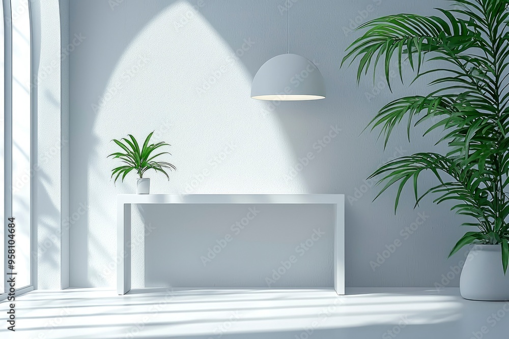Minimalist White Room Interior with Plants and a Hanging Lamp Minimalist White Room Interior with Plants and a Hanging Lamp