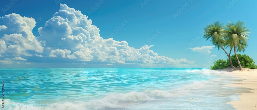 Fototapeta premium A beautiful beach scene with a palm tree in the foreground