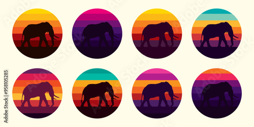 Photography Silhouette of an elephant against a striped retro sunset