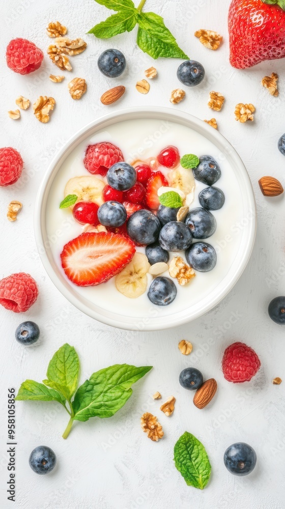 Delicious bowl of yogurt topped with fresh fruits, granola, and mint, perfect for a healthy snack or breakfast option. Delicious bowl of yogurt topped with fresh fruits, granola, and mint, perfect for a healthy snack or breakfast option.