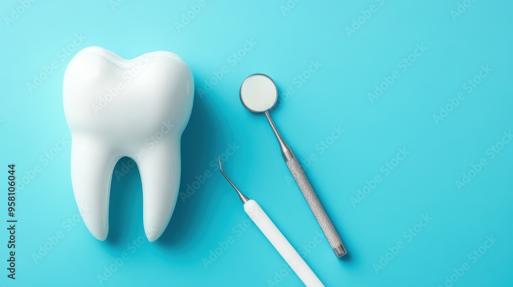 Dental tools and a tooth model on a bright blue background, symbolizing oral health and dental care essentials. Dental tools and a tooth model on a bright blue background, symbolizing oral health and dental care essentials.