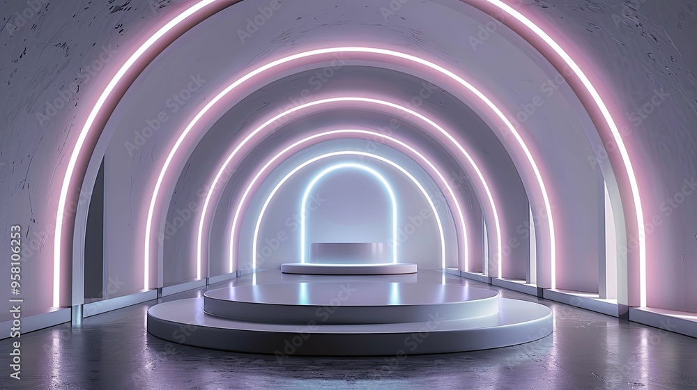 Circular Platform with Neon Lights in a White Hallway Circular Platform with Neon Lights in a White Hallway