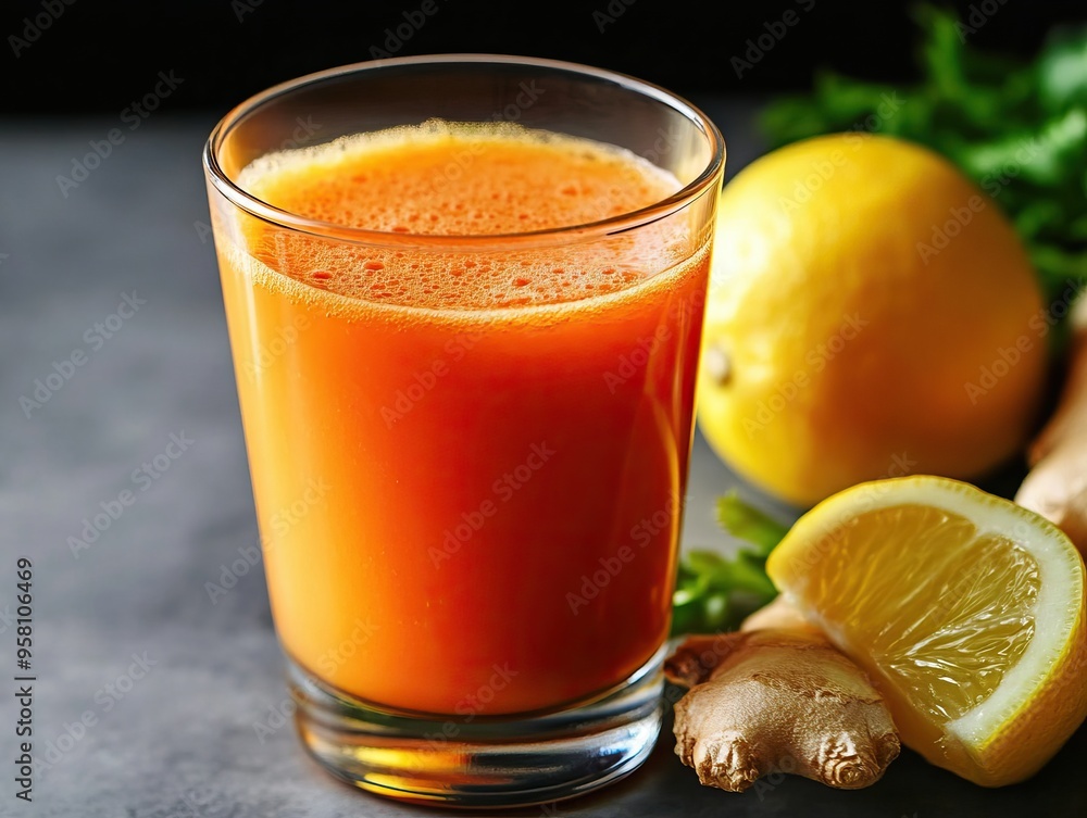 Fresh orange juice with ginger and lemon slices on a dark background, highlighting a healthy and refreshing beverage option. Fresh orange juice with ginger and lemon slices on a dark background, highlighting a healthy and refreshing beverage option.