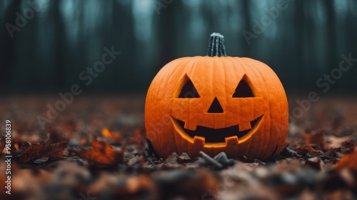 Carved Halloween Pumpkin in Autumn Leaves