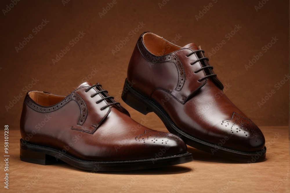 Two Brown Leather Brogue Oxfords on Brown Background Two Brown Leather Brogue Oxfords on Brown Background