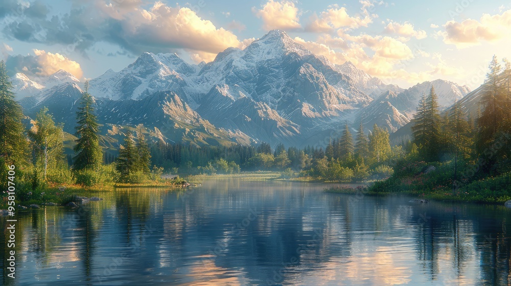 A beautiful mountain landscape with a river flowing through it A beautiful mountain landscape with a river flowing through it