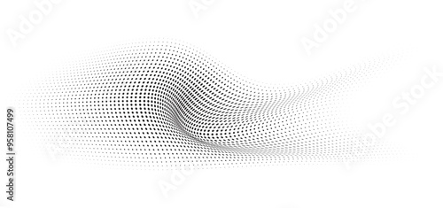 Flowing Wave Dot Halftone Pattern: Curve Gradient Shape on Transparent Background. Suitable for AI, Tech, Network, Digital, Science, and Technology Themes.