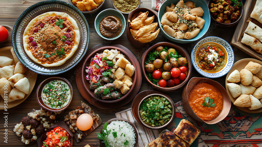 Ramadan kareem Iftar party table with assorted festive traditional Arab dishes on the wooden table Ramadan kareem Iftar party table with assorted festive traditional Arab dishes on the wooden table