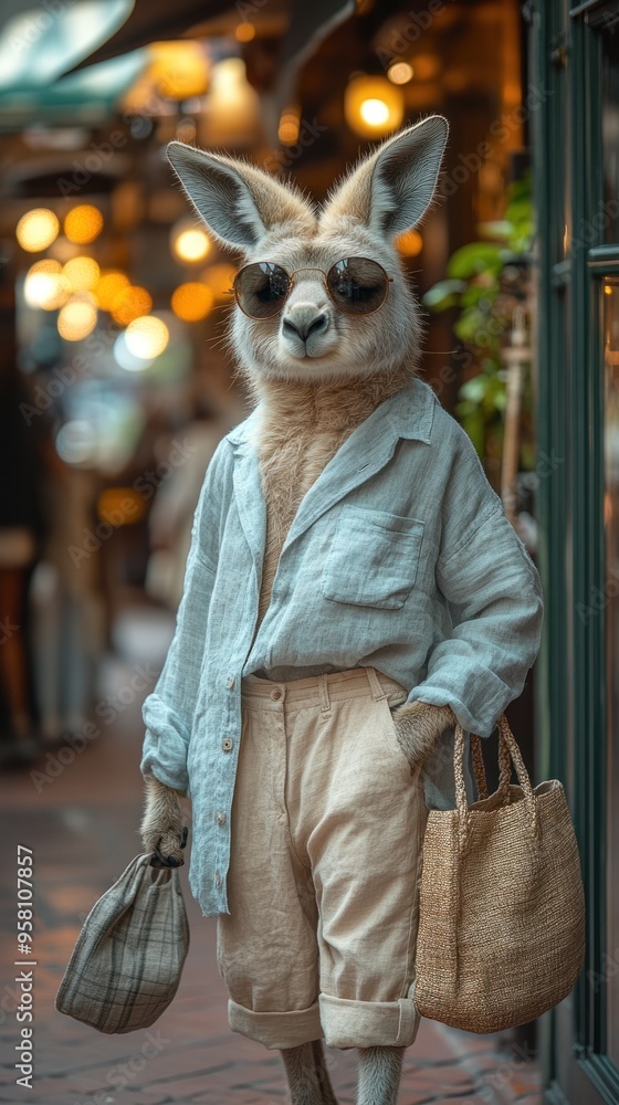 Naklejka premium A kangaroo wearing sunglasses and casual clothing stands in front of a shop, holding two bags in his hands.