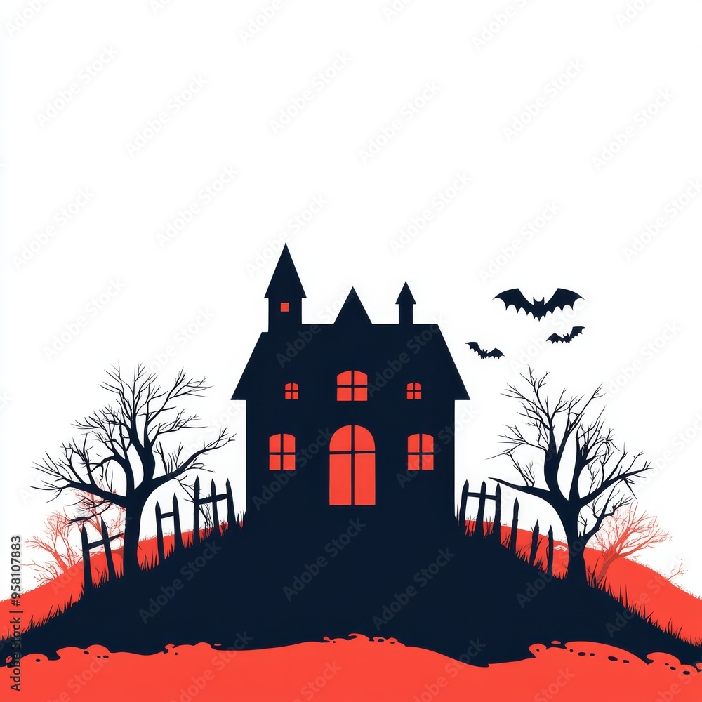 Haunted House Silhouette with Bats and Trees Haunted House Silhouette with Bats and Trees