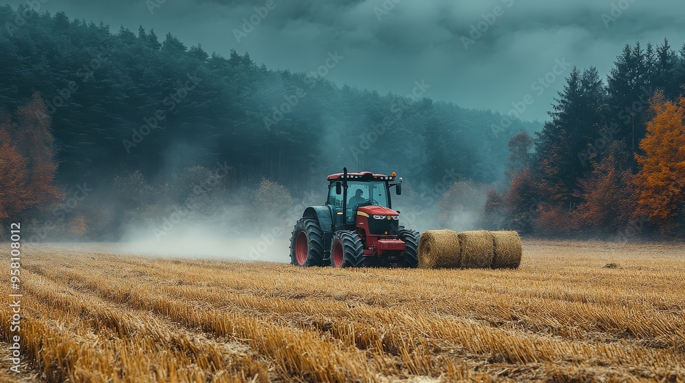 Fototapeta premium Farmer driving a tractor through a vast farmland, preparing the soil for planting