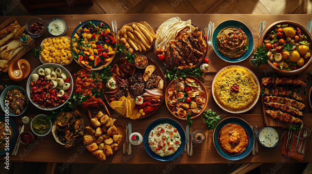 Ramadan kareem Iftar party table with assorted festive traditional Arab dishes on the wooden table Ramadan kareem Iftar party table with assorted festive traditional Arab dishes on the wooden table
