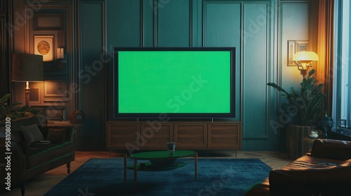 Cozy living room with a green screen TV in the evening glow