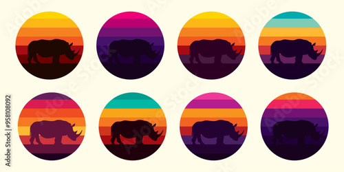 Silhouette of a rhinoceros against a striped retro sunset. Original vector set in vintage style isolated on light background. T-shirt design.