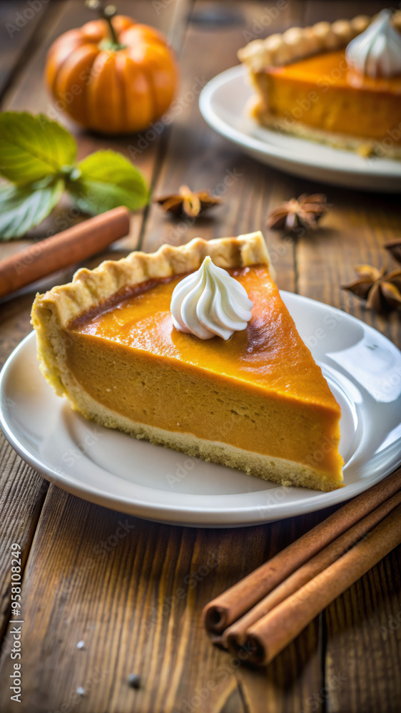 Slice of Pumpkin Pie with Whipped Cream for Thanksgiving Dessert Slice of Pumpkin Pie with Whipped Cream for Thanksgiving Dessert