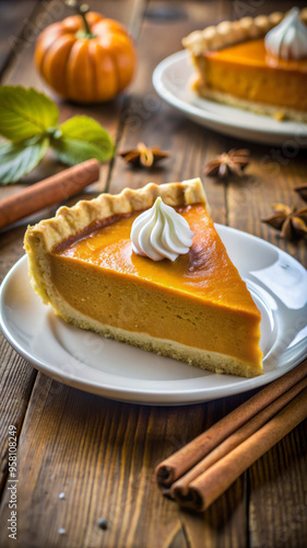 Slice of Pumpkin Pie with Whipped Cream for Thanksgiving Dessert