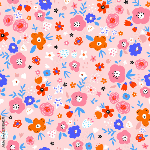 Seamless ditsy floral pattern. Botanical vector texture for fabric textile, apparel.