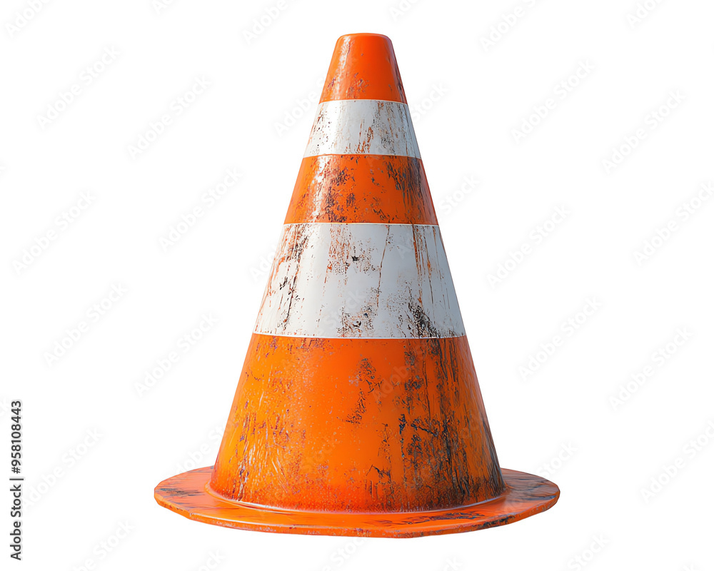 A weathered orange traffic cone with white stripes, commonly used for road safety and construction zones, isolated on transparent background. A weathered orange traffic cone with white stripes, commonly used for road safety and construction zones, isolated on transparent background.