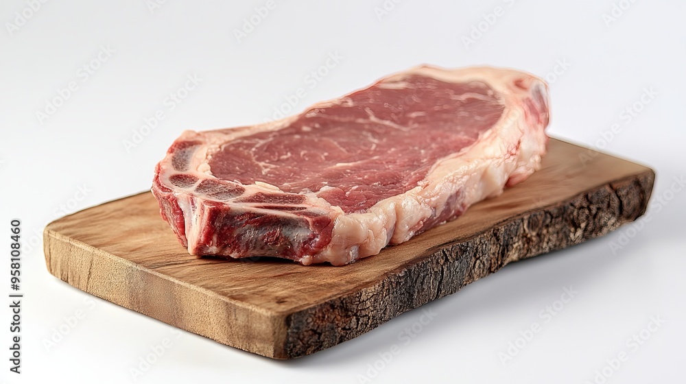 A piece of raw pork carbonate on a wooden board, ideal for steaks, against a white background. Close-up view A piece of raw pork carbonate on a wooden board, ideal for steaks, against a white background. Close-up view