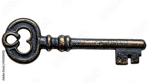 Key with intricate designs, symbolizing mystery and unlocking potential, isolated on transparent background.