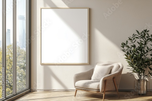 Poster Frame in Beige minimalist living room interior created with generative AI