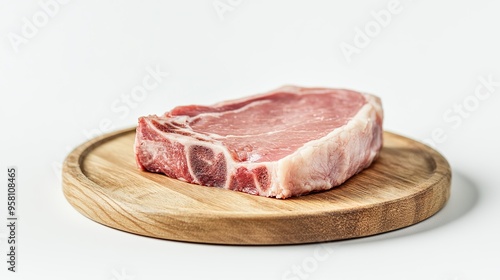 A piece of raw pork carbonate on a wooden board, ideal for steaks, against a white background. Close-up view