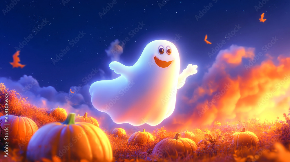 A cute ghost joyfully hovers in the night sky, surrounded by glowing pumpkins under the enchanting glow of the moonlight A cute ghost joyfully hovers in the night sky, surrounded by glowing pumpkins under the enchanting glow of the moonlight