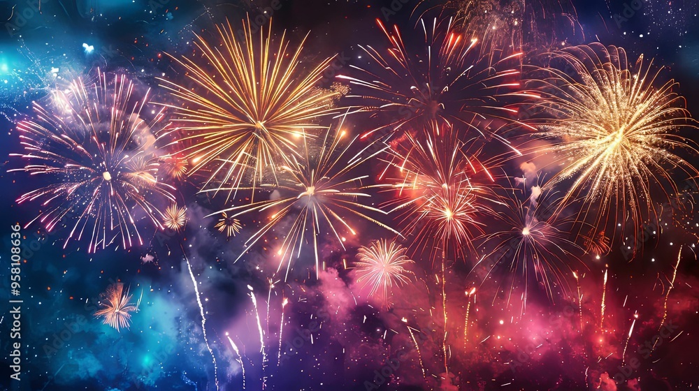 Fototapeta premium A Night Sky Filled with Fireworks Explosions