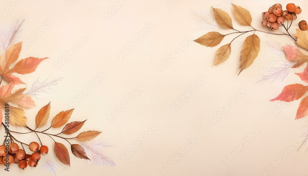 Autumn watercolor background with rowan twigs and fruits and place for text Autumn watercolor background with rowan twigs and fruits and place for text