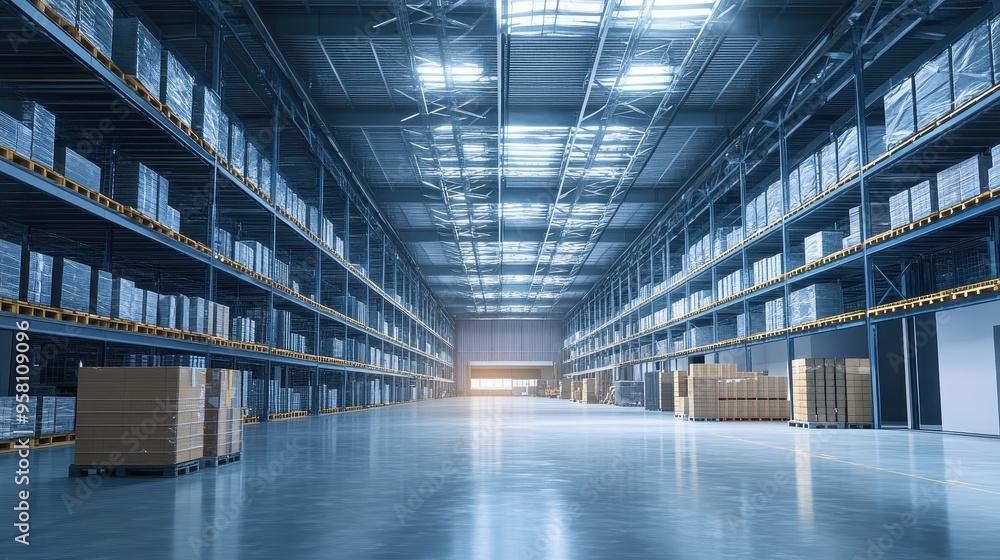 Obraz premium Modern Warehouse Interior with Rows of Shelves and Goods
