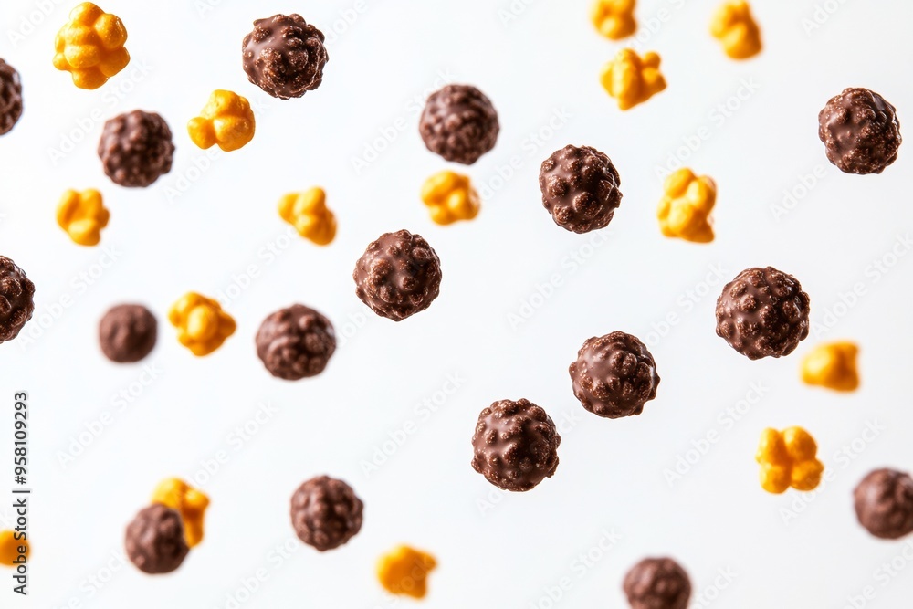 Chocolate and yellow corn cereal balls floating on a white background Chocolate and yellow corn cereal balls floating on a white background