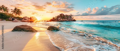 Fototapeta Naklejka Na Ścianę i Meble -  A beautiful beach with a large rock formation in the background