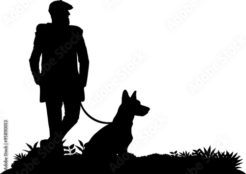 Vektor Silhouette Mann mit Hund - Design Elemente - Sitzender Schäferhund mit Hundehalter - Freund und Gefährte - Mensch und Tier