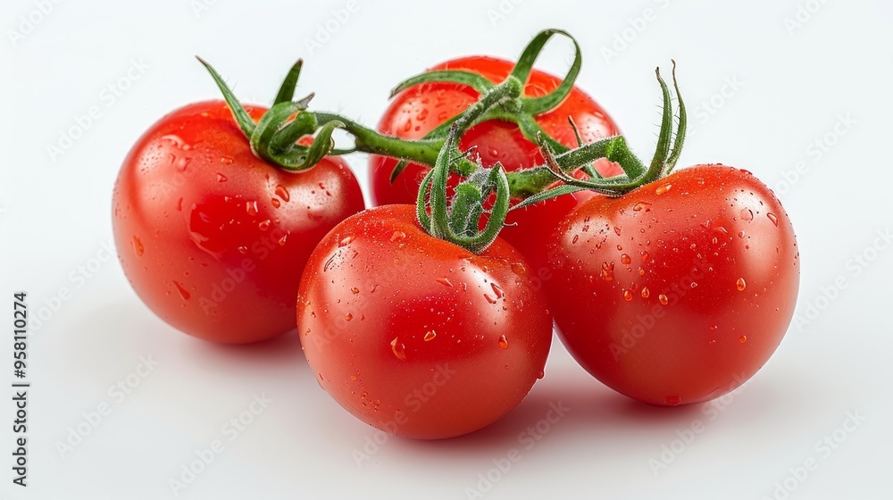 Branch of delicious fresh tomatoes, isolated on white background Branch of delicious fresh tomatoes, isolated on white background
