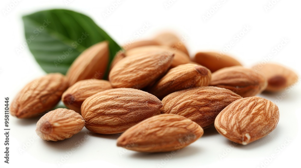 Close-up of delicious almonds with leaves, isolated on white background Close-up of delicious almonds with leaves, isolated on white background
