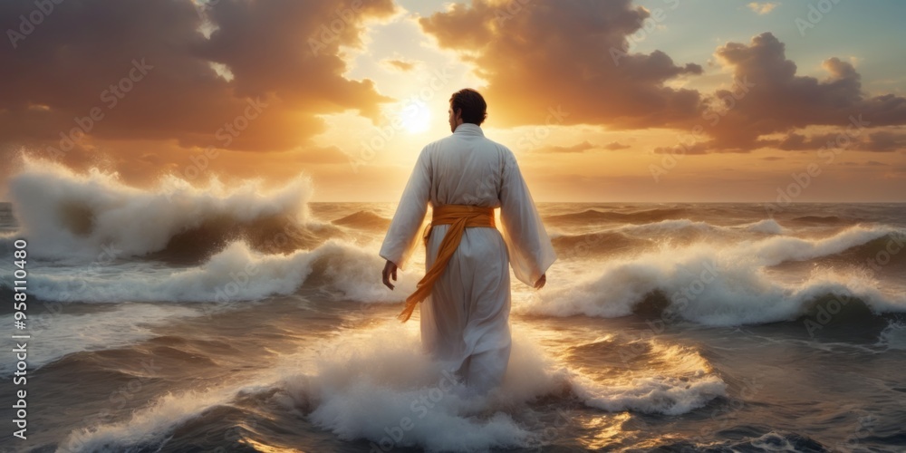 Man in White Robe Walking in Ocean at Sunset with Golden Sash, R Man in White Robe Walking in Ocean at Sunset with Golden Sash, R