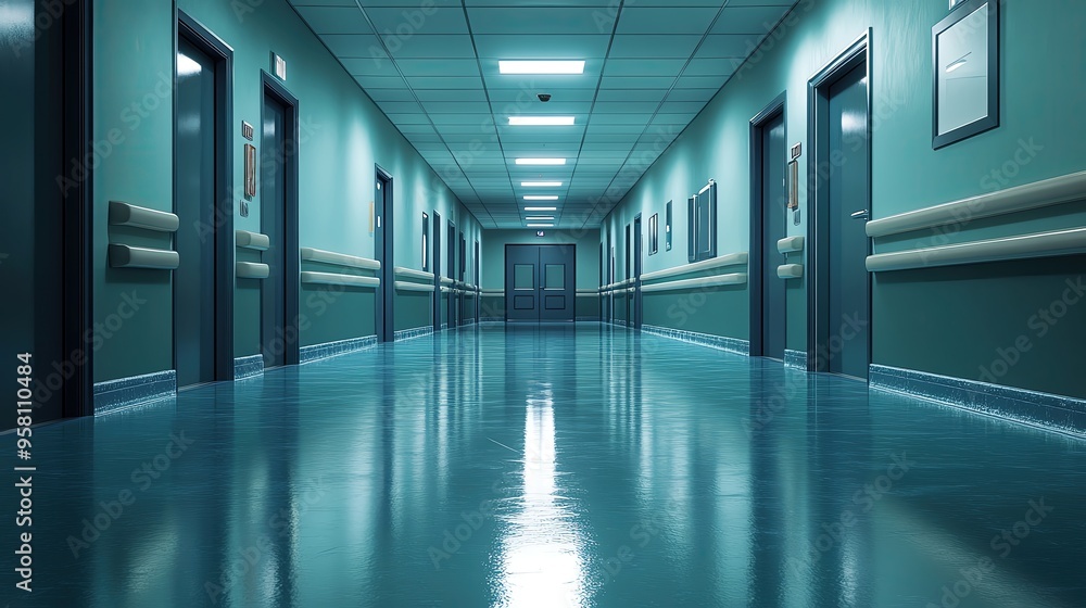 A clean and modern hospital corridor with glossy flooring and evenly spaced doors, conveying a sense of calm and professionalism. A clean and modern hospital corridor with glossy flooring and evenly spaced doors, conveying a sense of calm and professionalism.