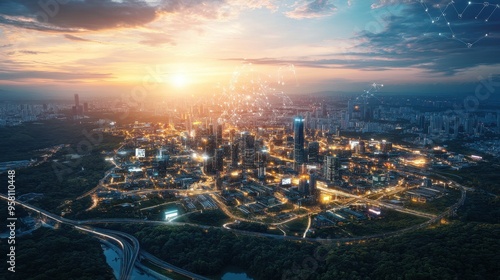 Futuristic Cityscape at Sunset with Glowing Skyscrapers and Wireless Connections photo