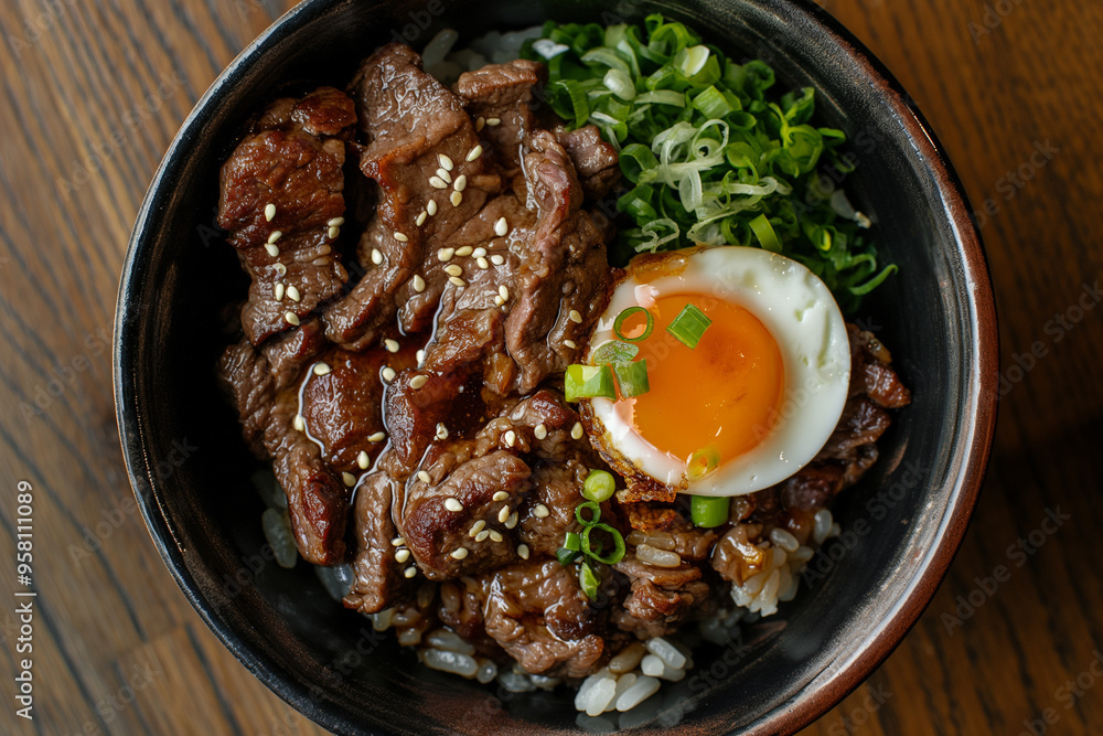 A Japanese Style Beef Rice Bowl with a Sliced Egg, Captured from a Top View in Photorealistic Still Life Style, UHD Quality, Featuring Villagecore Aesthetics with Installation-Based Cabincore and Enha A Japanese Style Beef Rice Bowl with a Sliced Egg, Captured from a Top View in Photorealistic Still Life Style, UHD Quality, Featuring Villagecore Aesthetics with Installation-Based Cabincore and Enha