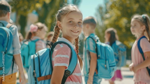 A group of children are smiling and wearing backpacks