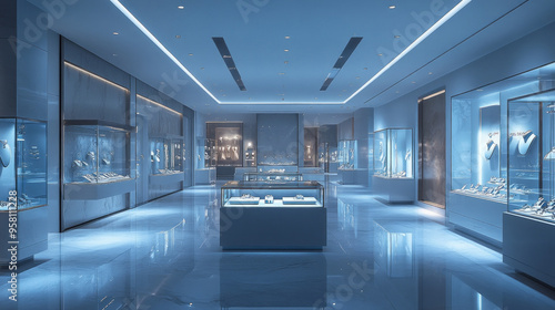 A large, brightly lit room with many display cases. The room is filled with a variety of jewelry and other items. The lighting is bright and the room is spacious, giving it a clean and modern feel