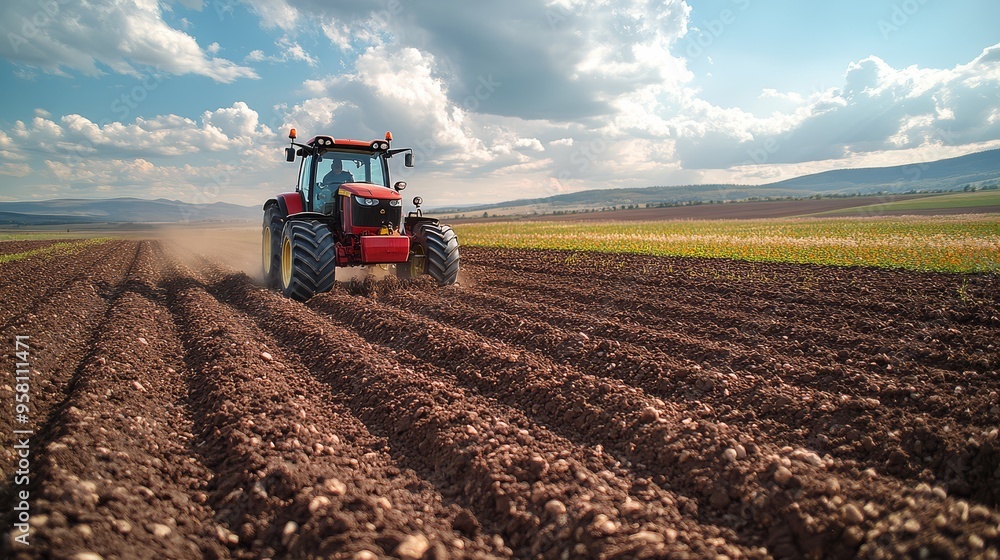 Farmer operating a tractor on a steep hillside, skillfully maneuvering through challenging terrain Farmer operating a tractor on a steep hillside, skillfully maneuvering through challenging terrain