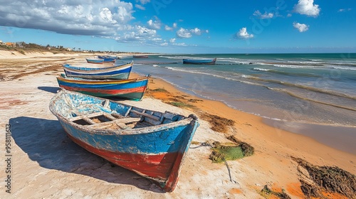 In Oualidia, Morocco, an abstract yet beautiful scene unfolds at the beach, where vibrant fisher boats dot the shoreline.  photo