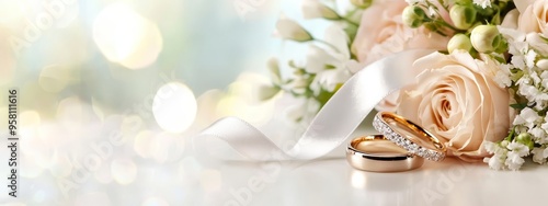  Two rings flank a bouquet of flowers; a white ribbon tops another, forming an elegant arrangement