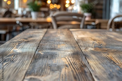 Rustic Wooden Tabletop in a Blurred Restaurant Setting