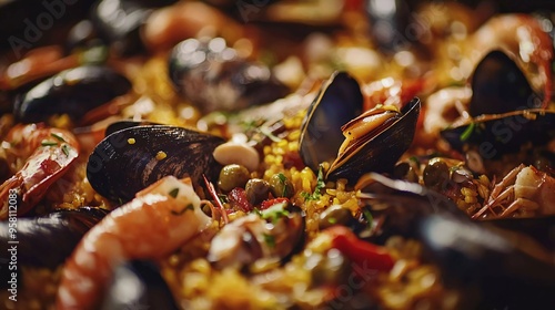 delicious spanish seafood paella, closeup view