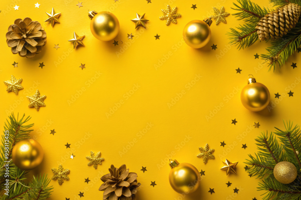 Fototapeta premium Golden Christmas Decorations and Stars on Yellow Background for Holiday Celebration