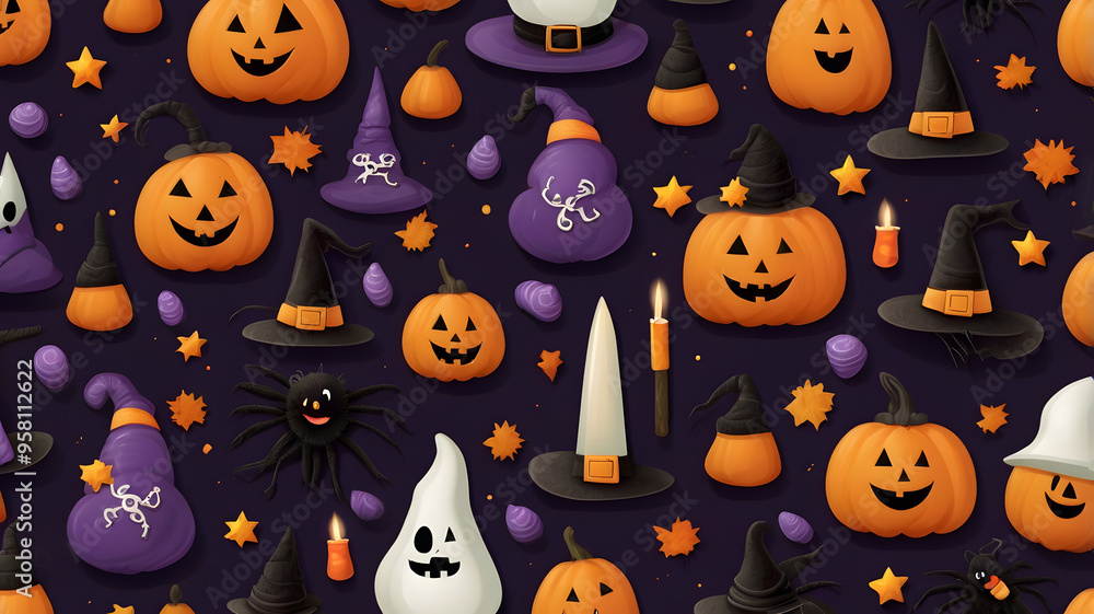 Colorful Halloween-themed patterns with pumpkins, witches' hats, ghosts, and spiders celebrating fall festivities Colorful Halloween-themed patterns with pumpkins, witches' hats, ghosts, and spiders celebrating fall festivities