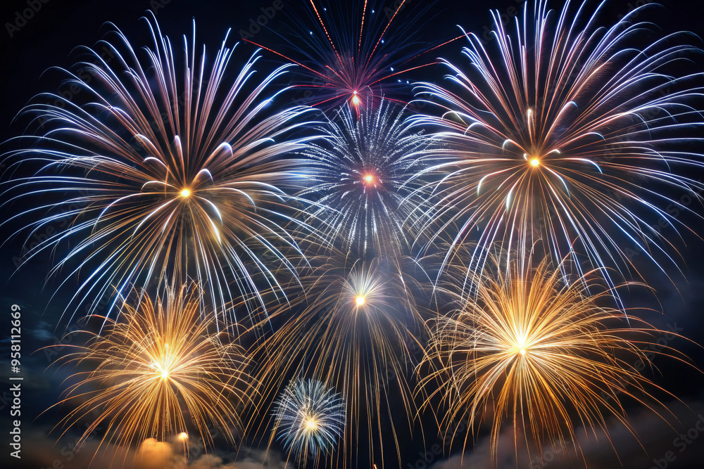 Naklejka premium Colorful Fireworks Display Lighting Up the Sky for New Year's Celebration